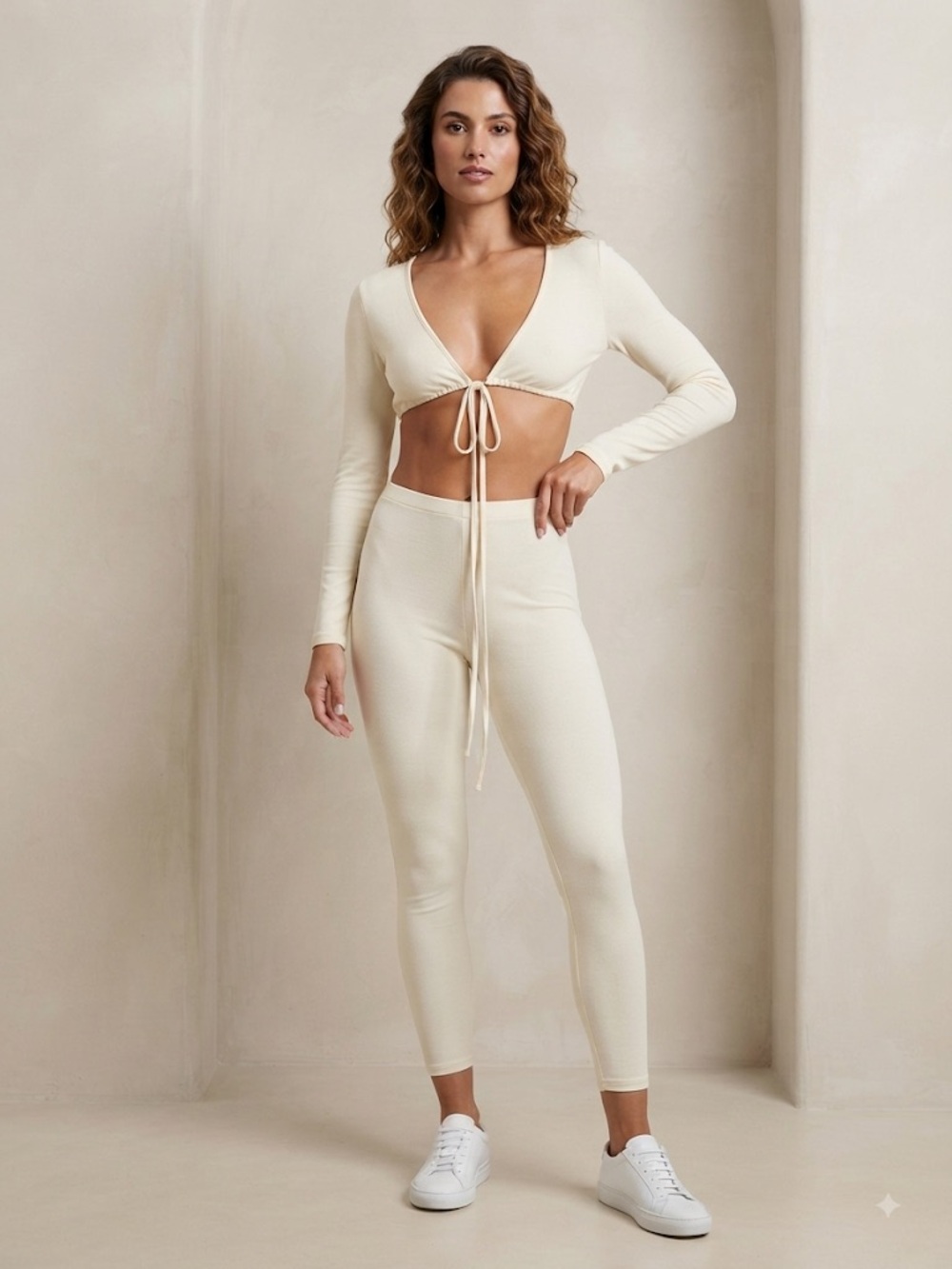 Women Stretch Two Piece Set Long Sleeve Crop Top Cream High-Waist Leggings Pants